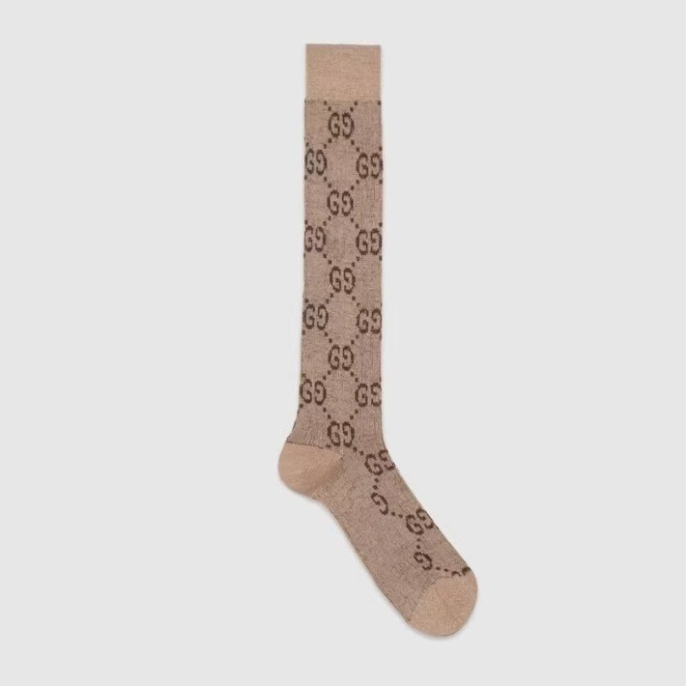 Gucci Women's Interlocking Monogram GG Long Knee Lame Beige Socks Small